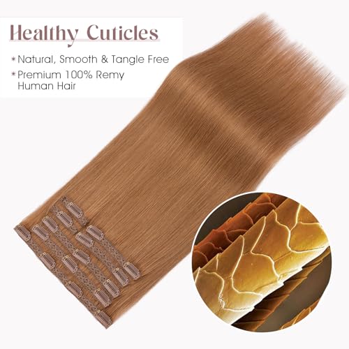 Elailite Clip in Hair Extensions Real Human Hair, Remy Hairpieces for Women, 7PCS Lace Weft Full Head, 16 Inch 110g Light Auburn