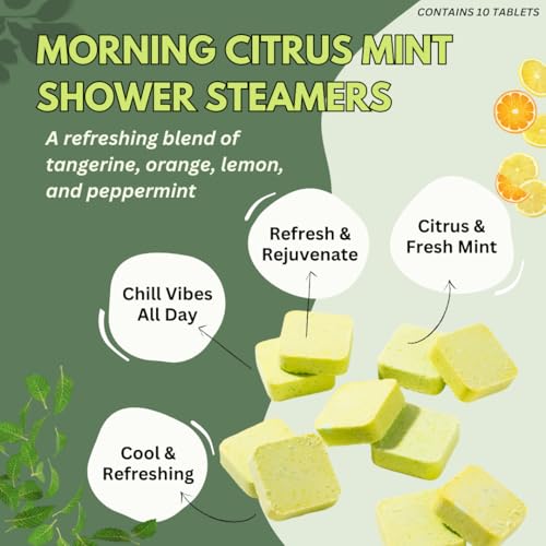 Morning Citrus Mint Shower Steamers Aromatherapy for Energy - Christmas Gift - Adult Stocking Stuffer - USA Made - Peppermint & Orange Shower Bomb Tablets - Soothing Natural Essential Oils (10 Pack)