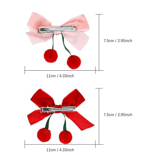 Velvet Ribbon Hair Bow Clips - 2 Pairs Cute Hair Bow Clips with Red Cherry Ball Handmade Alligator Barrettes Pins Bowknot Party Dress Decor Accessories for Girls (Pink/Red)
