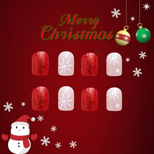 24 Pcs Christmas Press On Nails Short Square -ZIFANHU Red Glitter Fake Nails Press Ons Nail Tips Glue on Nails Christmas Snowflake Design Full Cover Acrylic False Nails Stick on Nails for Women