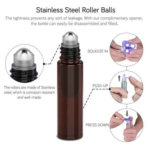 PrettyCare Set of 12, 10 ml Amber Glass Roller Bottles for Essential Oil with Stainless Steel Roller Ball - Refillable Leak-proof Empty Roll on Bottles with Black Caps for Travel, Perfume, Lab