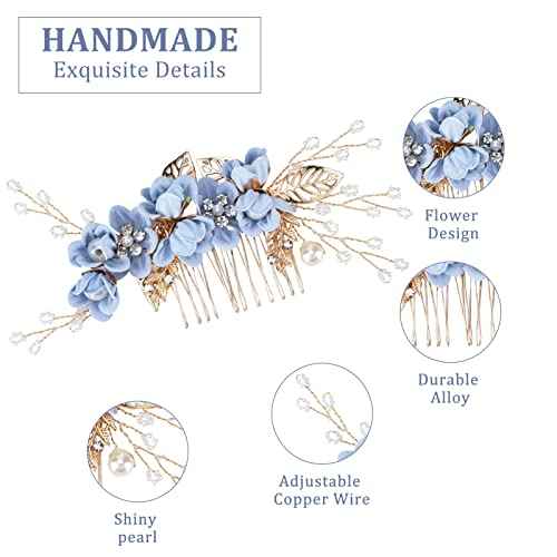 BOWINR 5 Pack Wedding Hair Piece Bridal Hair Comb, Blue Flower Rhinestone Hair Accessories Handmade Pearl Crystal Floral Leaf Hair Clip for Women Girls Bride Bridesmaids Prom Wedding Party