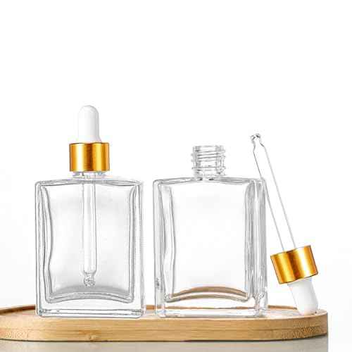 6 Pack 1.7oz Clear Square Glass Dropper Bottles, 50ml Empty Square Perfumes Bottles with Eye Droppers, for Essential Oils,Liquids, Tincture Bottle (Clear -Golden Cap)