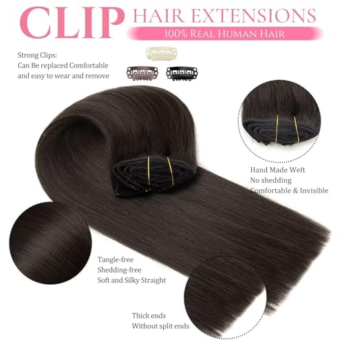 Natural Black Seamless Clip in Hair Extensions Real Human Hair 24inch Clip ins Human Hair Extensions Straight Clips in 100% Brazilian Clip in Extensions Human Hair for Women 8pcs Double Weft