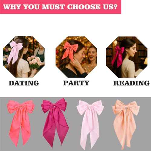 4PCS Satin Hair Bows for Women & Girls ? Oversized Long Tail Bow Clips with French Barrette Elegant satin ribbon bow clips hairstyles, large hair accessories pony tail, school, wedding, cheerleading
