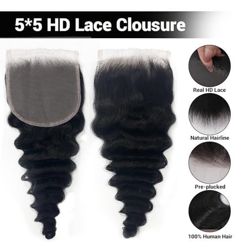 5x5 Closure Hd Lace Frontal,Invisible Natural Hairline Single Knot Free Part Silky Glueless Design Clean Lace Closure Deep Wave Natural Black 16 Inch