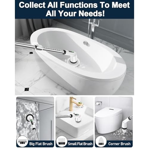 Shower Scrubber with Long Handle for Cleaning Bathroom, Electric Spin Scrubber Cleaning Brush with IPX7 Waterproof & 2Speed, 3Brush Heads, Bathroom Cleaning Supplies for Shower Tub Kitchen Tile Toilet