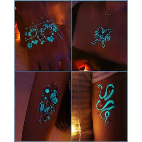 20 Sheets Glow In The Dark Butterfly Temporary Tattoos for Women Girls, Luminous Flower Butterflies Wings Kids Fake Tattoo Stickers Art Makeup Waterproof for Face Body Arm Party Favors