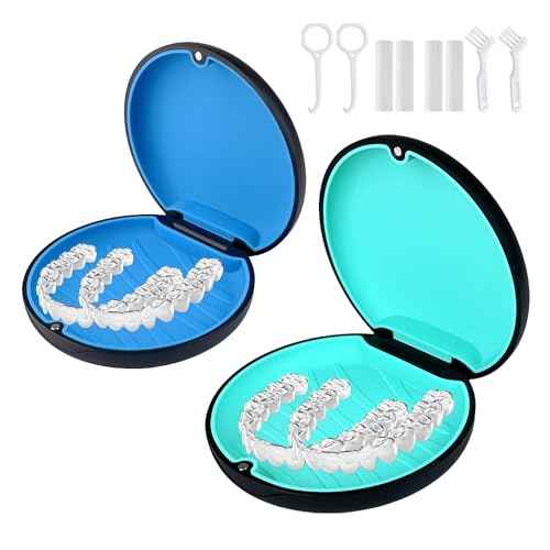 2 Pack Aligner and Retainer Case,Compatible with Invisalign,Mouthguard Case Kits, Portable Aligner Cases with Chew Remover Tool and Brush, Black(Blue+Cyan Silicone)