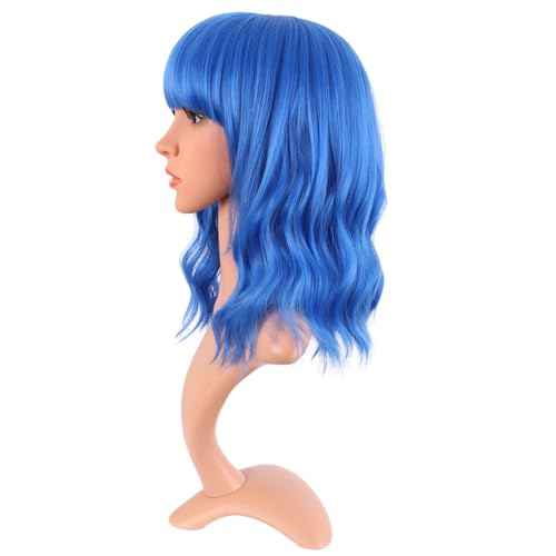 MapofBeauty 14 Inch/35 cm Short Wavy Curly Women Fresh Bright Synthetic Ordinary Flat Bangs Bob Wig (Blue)