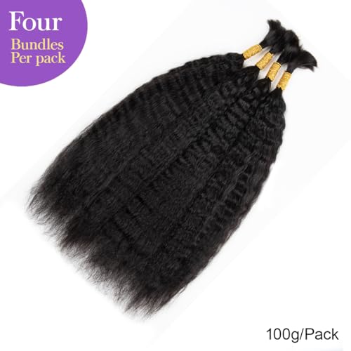 Kinky Straight Human Braiding Hair For Boho Braids Wet and Wavy Bulk Human Hair No Weft 100g (1Pack-4PCS) Yaki Straight For Micro Braiding (Kinky Straight£¨#1B), 24 Inch)