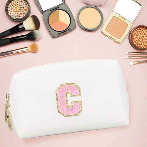 Initial Makeup Bag,Personalized preppy bag Waterproof PU Leather Chenille Letter Cosmetic Bag,Portable Travel Toiletry Bag Monogram Birthday Gift for Women Girls Mom Friends (Letter C)
