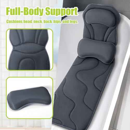 Full Body Bath Pillow for Tub - Extra Long & Thick Tub Pillow with Head, Back & Lumbar Support, 168 Non-Slip Suction Cups, Soft 5D Mesh Spa Cushion, Fits All Tubs-Gift for Soaking(Gray)
