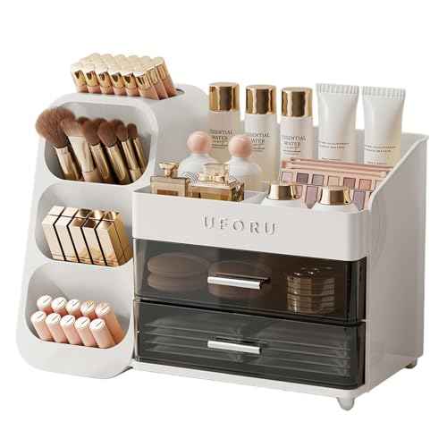 Makeup Organizer for Vanity with Brush Holder, Countertop Organizer with 2 Drawers, Spacious Cosmetic Display Case for Beauty Essential, Skincare, Lipstick