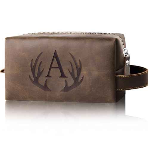 Personalized Toiletry Bag for Men Engraved Initial Cool Gifts for Dad Husband Boyfriend Grandpa Son PU Leather Waterproof Shaving Bag for Toiletries Accessories Travel Essentials (A)
