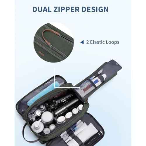 WANDF Toiletry Bag for Men Travel Toiletry Organizer Canvas and Leather Dopp Kit Water-Resistant Shaving Bag for Travel Accessories (Green, Large)