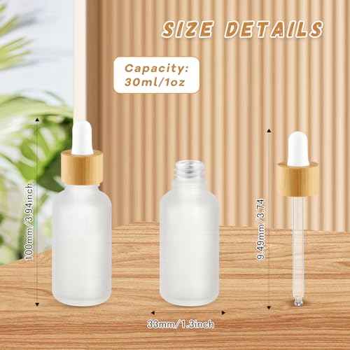 12 Pcs Frosted Glass Dropper Bottle Refillable Essential Oil Container Jars with Eye Dropper & Bamboo Lids for Perfume Sample Cosmetic Liquid Travel - 30ml/1oz