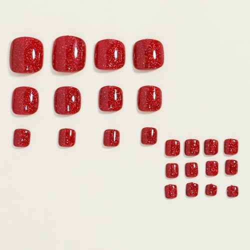 Red Sparkly Press on Toenails Short Square Fake Toe Nails Glossy Red Solid Color Glitter Full Cover Artificial Stick on Toenails for Women Girls Winter Christmas Manicure 24Pcs