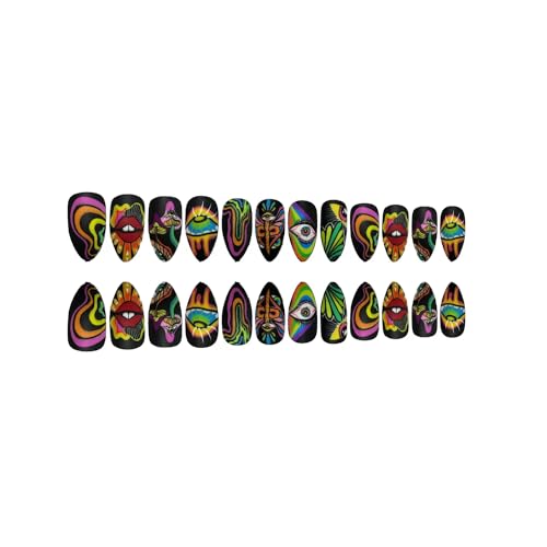 Almond Press on Nails Medium Length Black Fake Nails Matte Stick on Nails Full Cover False Nails with Colorful Graffiti Abstraction Lips Design Acrylic Nails Evil Eye Mushroom Glue on Nails for Women