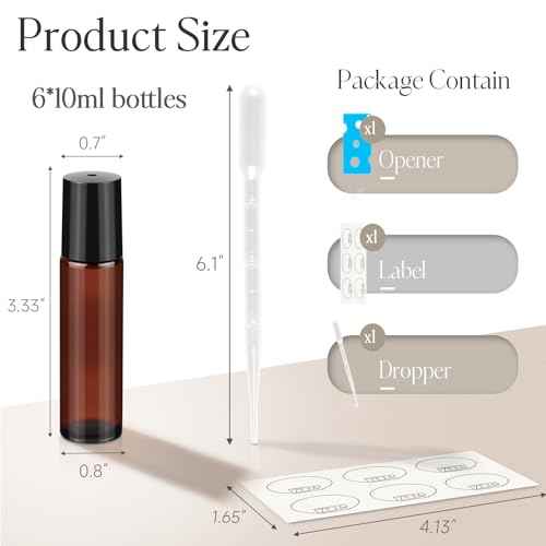 ZEJIA 10ml Roller Bottles for Essential Oils, 6 Pack Glass Roll on Bottles, Refillable Perfume Bottle, with Stainless Steel Roller Balls, 2 Droppers, 1 Opener, Labels(Amber)