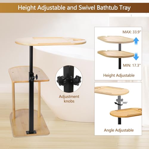 3 Layer Bathtub Tray Table,Bamboo Swivel Bathtub Side Table Height Adjustable,Freestanding Bathtub Tray for Tub Against Wall,Bathtub Accessories&Bathroom Organizer for Luxury Home Spa (Natural)