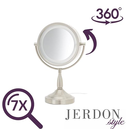 JERDON LED Lighted Tabletop Vanity Makeup Mirror ? 8.5¡± Diameter with 7X-1X Magnification ? Nickel Finish ? Power Cord and Plug ? Model LT856N