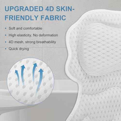 SetSail Bath Pillow, Relaxing Bath Pillows for Tub Neck and Back Support Soft 4D Breathable Air Mesh Ergonomic Bathtub Pillow with 6 Strong Suction Cups and Hook Luxury Bathroom Accessories,White