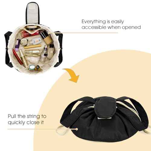 Narwey Barrel Drawstring Makeup Bag Large Cosmetic Bag Make up Bags Women and Girls Toiletry Organizer for Travel Toiletries Accessories Essentials (Black) (Patent)