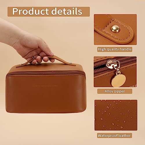3 Pcs Travel Makeup Bag Portable Large Capacity Cosmetic Bags for Women Open Flat Makeup Case Organizer Bag Set of 3 Waterproof PU Leather Toiletry Bags with Divider and Handle (Brown, Medium)