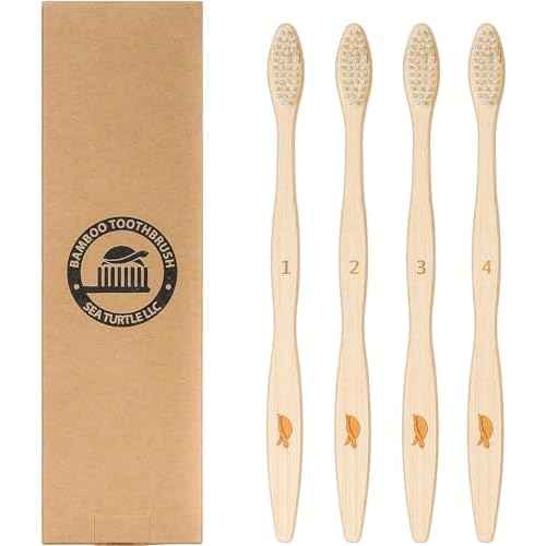 Sea Turtle Plant-Based Bristles, Bamboo Toothbrushes, Soft Natural Toothbrush for Adults (4 Pack)