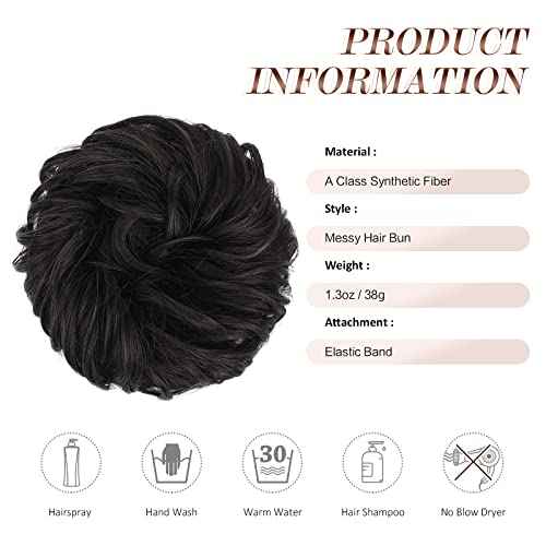 FESHFEN Messy Bun Hair Piece - Elastic Wavy Curly Hair Bun Scrunchies Extensions Synthetic Chignon Hairpieces for Women Girls, Black Brown 1.5 oz