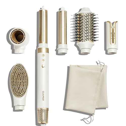 GLAMUP¢ç 6 in 1 Hot Air Styler, Tight Grip, Powerful High Speed Dryer, Volumizer, Blow Dryer Brush, Curling Volumizing Hair Styler Gift Set with Travel Bag