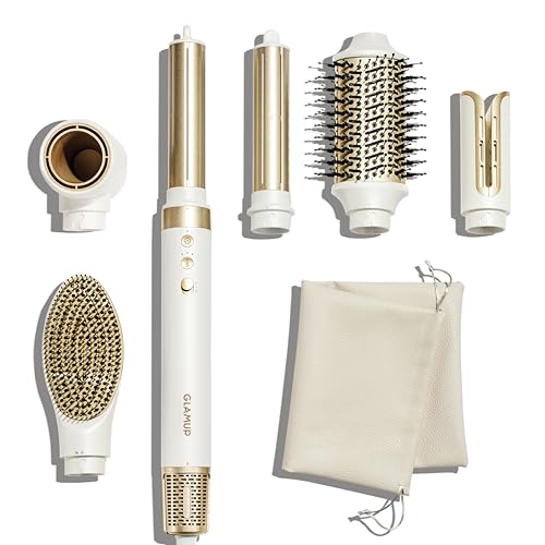 GLAMUP¢ç 6 in 1 Hot Air Styler, Tight Grip, Powerful High Speed Dryer, Volumizer, Blow Dryer Brush, Curling Volumizing Hair Styler Gift Set with Travel Bag