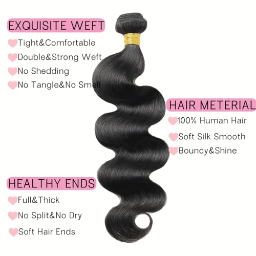 Human Hair Bundles 20 22 24 Inch Body Wave Bundles Human Hair 100% Unprocessed Brazilian Virgin Hair 3 Bundles Human Hair Body Wave Hair Bundles Hair Extensions Natural Black Color