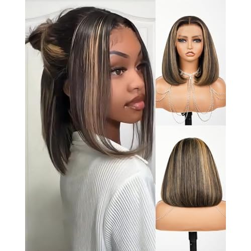 Highlight Ombre 13x4 HD Lace Frontal Wig Human Hair Pre Plucked Pre Cut Lace 210% Density Balayage Straight Short Bob Wigs for Women 12 Inch