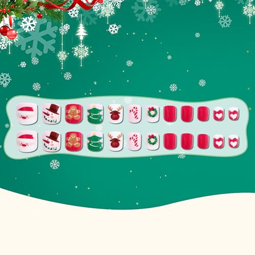 Kids Press on Nails Children Fake Nails 72PCS Artificial Nail Tips Adhesive Full Cover Short False Fingernails for Girls Kids Nail Decoration (Golden Christmas Snow)