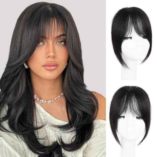 Clip in Bangs, 100% Real Human Hair Natural Black Fake Bangs Clip in Hair Extensions French Bangs Fringe with Temples Hairpieces for Women Curved Curtain Bangs for Daily Wear