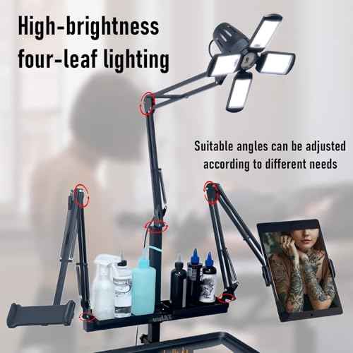 GBK Tattoo Workstation Multi-Functional Tattoo Rolling Tray with LED Light, Pigment Rack, Tablet Stand and Pneumatic Lifting Type with Universal Wheels Tattoo Equipment