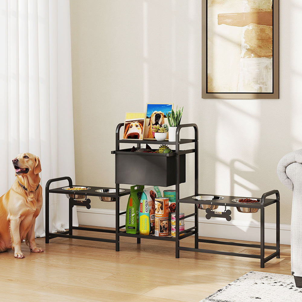 Height Adjustable Dog Bowl Stand with 4 Stainless Steel Bowls and Toy Storage