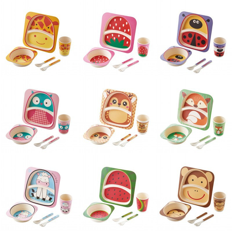 Baby Bamboo Tableware Set 5pcs - Cartoon Childrens Dinnerware for Kids
