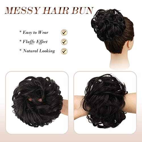 FESHFEN Messy Bun Hair Piece - Elastic Wavy Curly Hair Bun Scrunchies Extensions Synthetic Chignon Hairpieces for Women Girls, Black Brown 1.5 oz