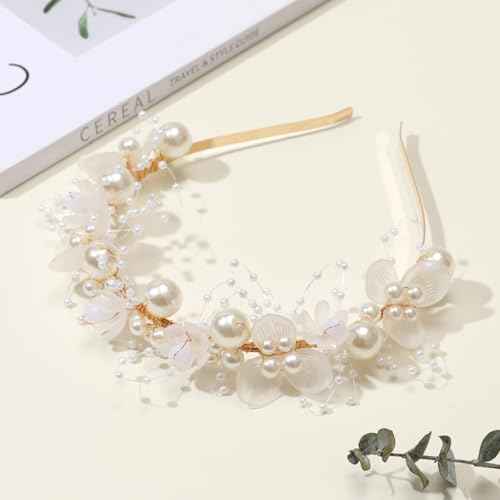 Flower Headband for Women Girls, Wedding Bridal Pearl Headpiece Hairband Hair Accessories for Prom Birthday Party (Gold, One Size)