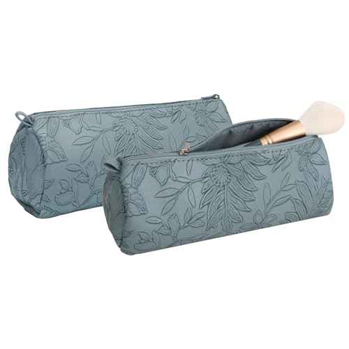 2pcs Set PU Leather Cosmetic Bag for Women - Floral Makeup Bag Portable Storage Purse for Makeup (Z-Blue-2 Case)