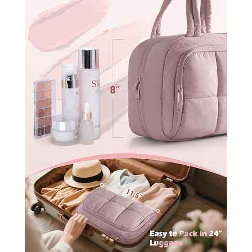 Travel Toiletry Bag for Women with Hanging Hook, Water Resistant Puffy Makeup Organizer with Leak Proof Pockets for Toiletries and Cosmetics - Pink (Bag Only)