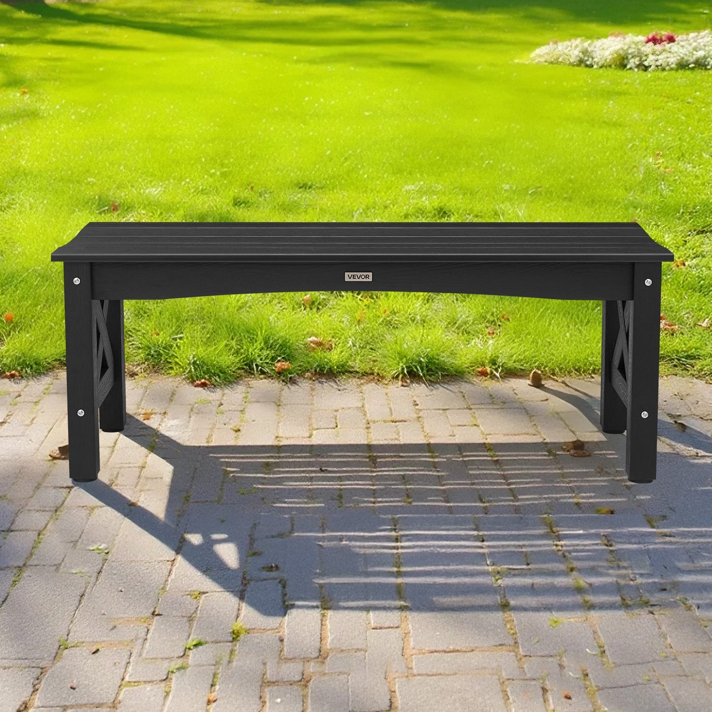 Weatherproof Outdoor Bench 44.5 Inch Plastic Patio Seating Black Supports 600 Lbs