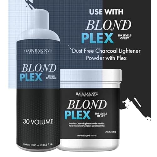 HAIR BAR NYC 30 Volume - Blond Plex Anti-Yellow Porfessional Lightening System for Charcoal Hair Bleach - Violet Developer with Plex, Reduce Brassy, Eliminates Orange Tones 33.8oz/1lt