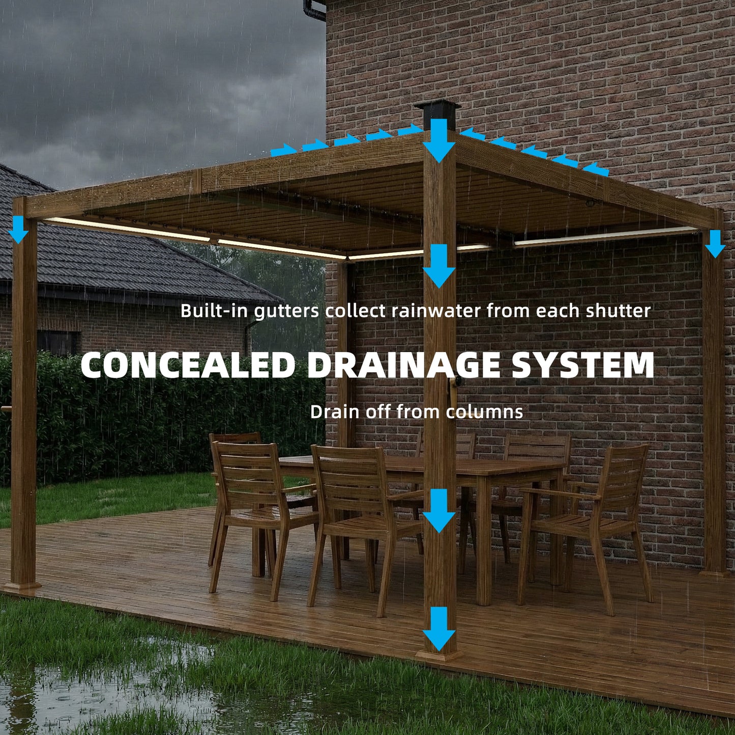 10x10 Louvered Pergola with Solar LED Lights & Metal Roof - Brown