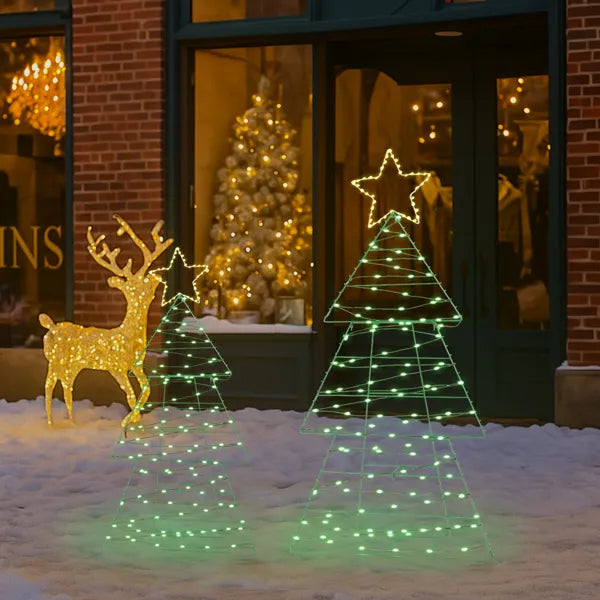 Lighted Metal Christmas Tree Yard Decorations - Set of 2, 150 LED Lights