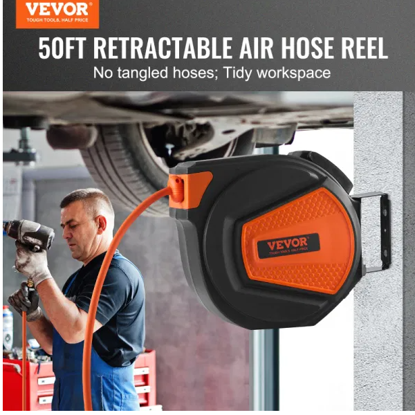 Retractable Air Hose Reel with 50ft Hybrid Polymer Hose for Workshop & Garage