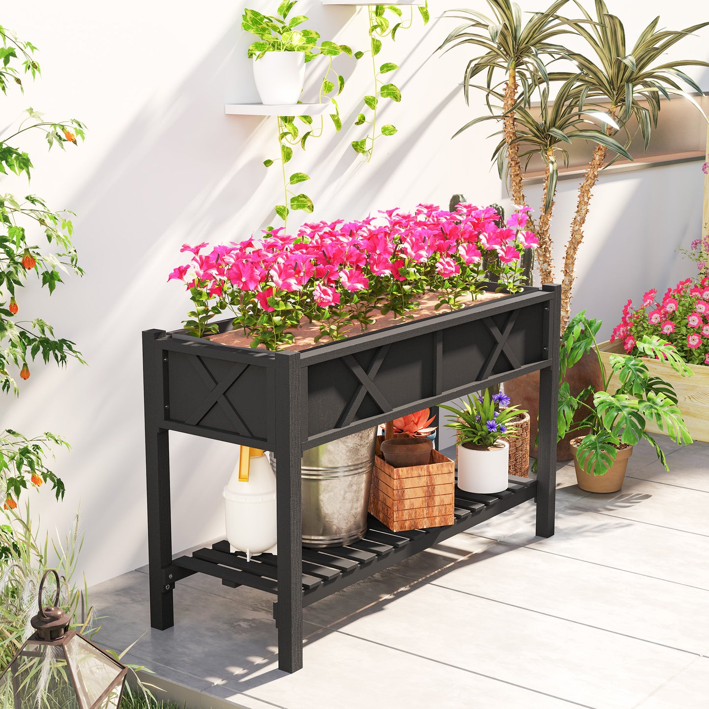 Raised Garden Bed with Storage Shelf & Drainage Holes - Black, 47x22x31.5 in.
